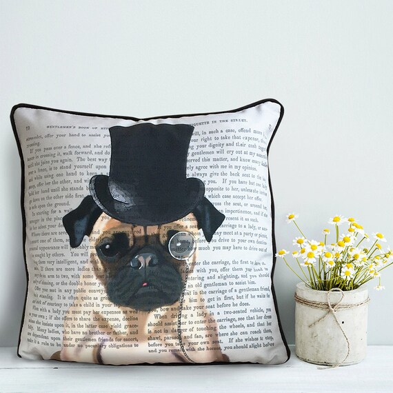 Pug cushion cover Pug pillow cover Formal Hat & Hound