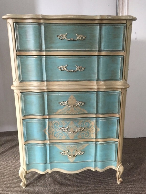 French Provincial Tall Dresser Chalk Painted Blue Vintage