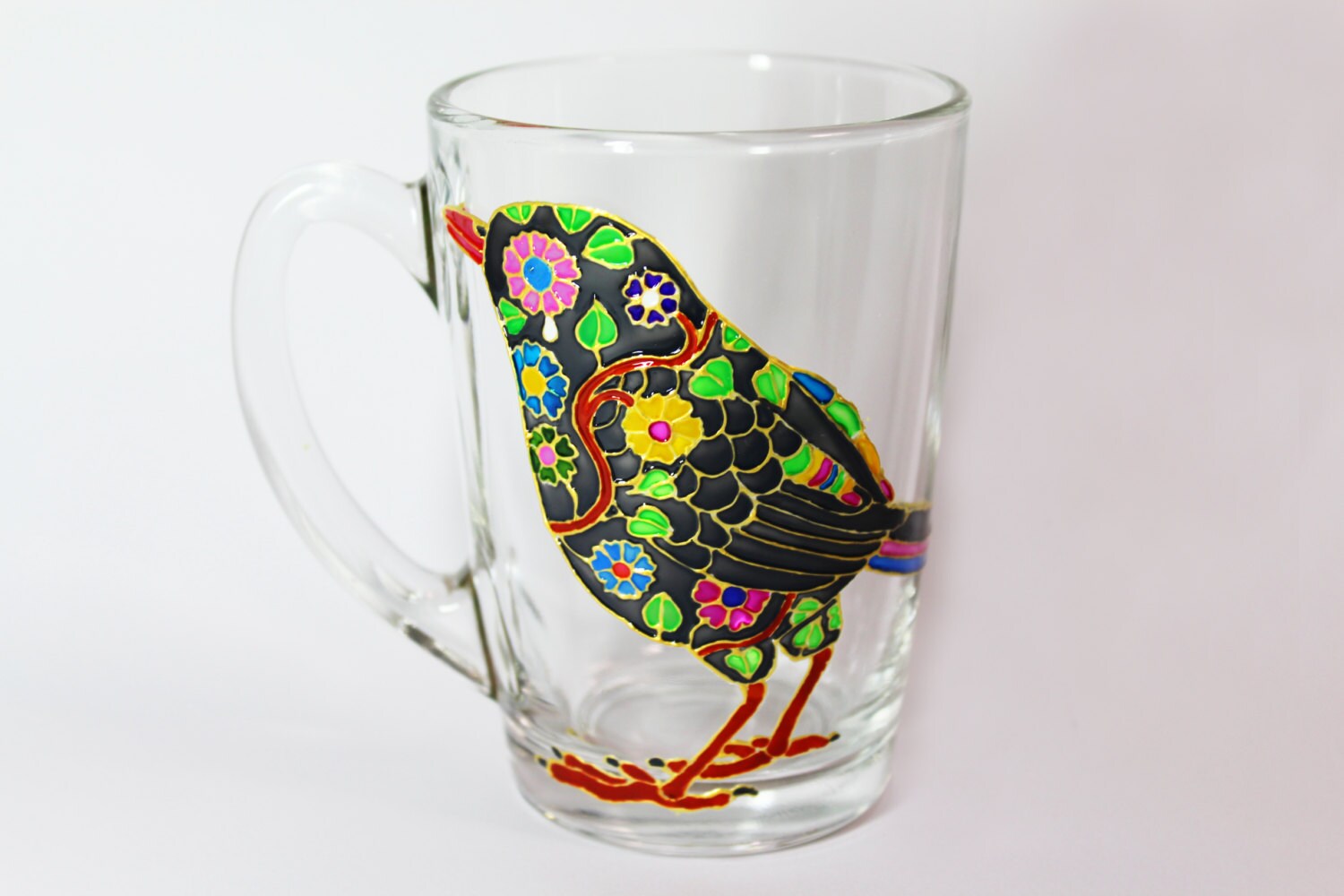 Bird mug Hand Painted mugs bird Mug Glass Coffee Mug bird