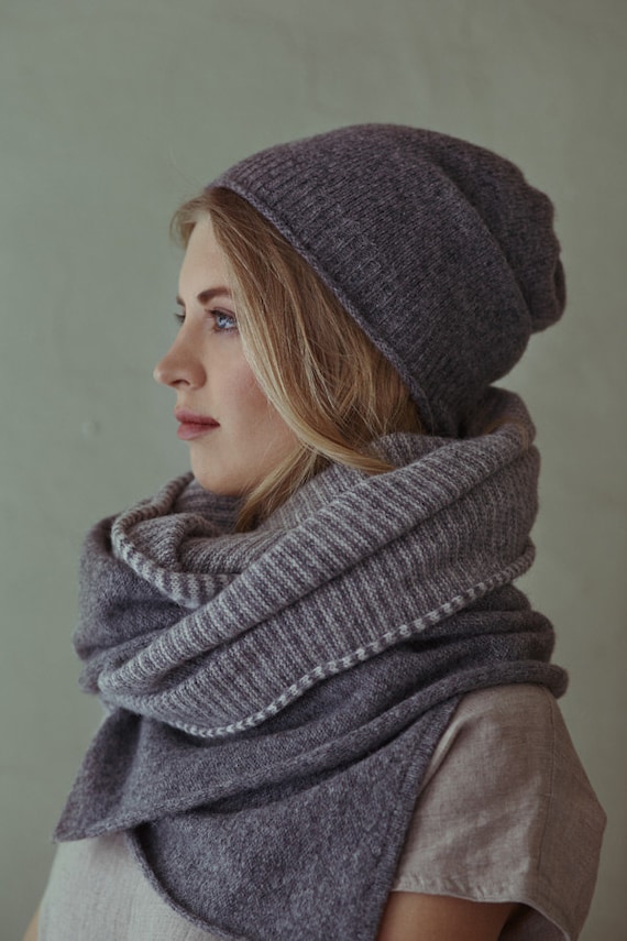 Knitted wool scarf wide organic wool shawl unisex wool