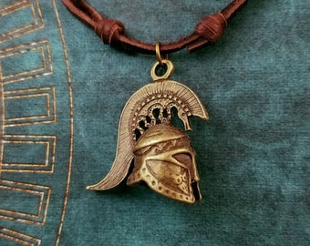 Spartan Necklace Sparta Jewelry Spartan Helmet Necklace Charm Necklace Leather Necklace Brown Cord Necklace Men's Jewelry Boyfriend Necklace