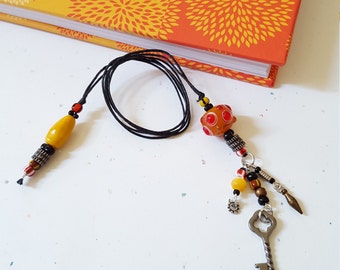 Beaded Bookmark Skeleton Key / Orange/ Red/ Yellow/ Black / Dots And Stripes / Glass And Metal Beaded Cotton Cord With Metal Charms