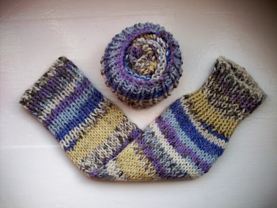 Chunky warm leg warmers, multi striped Fair Isle effect, blue,purple, white, cream knit wool cotton mix