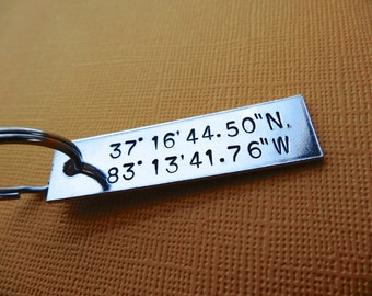 Latitude and Longitude Keychain - Custom Coordinates Keychain - Hand stamped Accessory