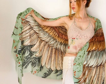 Silk Scarf, Wedding Shawl, Wings Scarf, Summer Scarf, Digital Print Sarong, Boho Hand Painted Feather Shawl, Girlfriend Gift, Silk Wrap