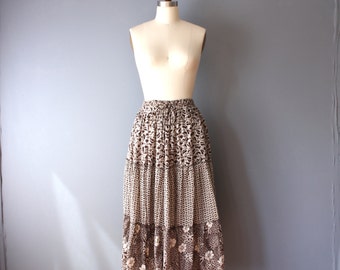 vintage prairie skirt / gauzy floral skirt / brown cream summer skirt