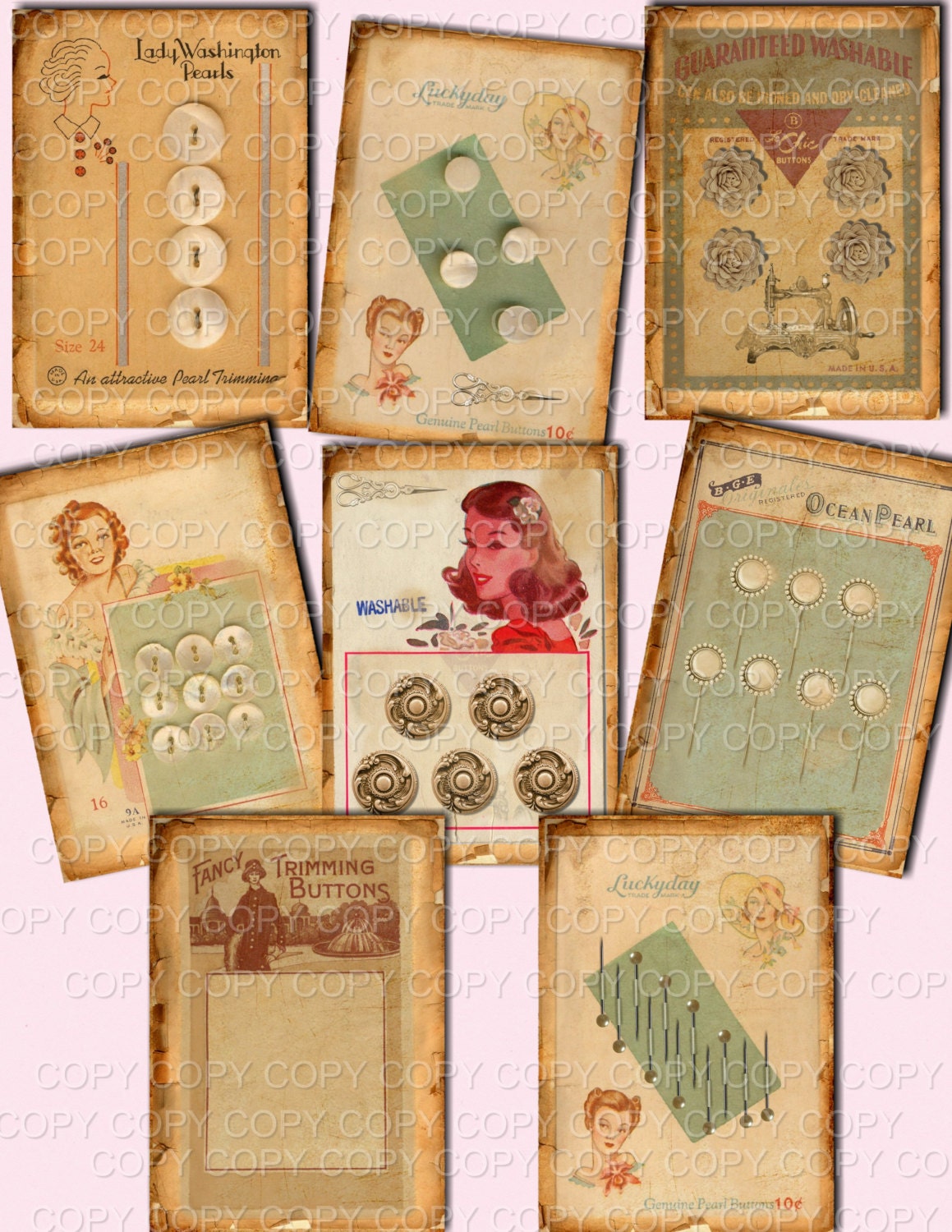 Vintage Made Button Cards ACEO Printable Digital Collage