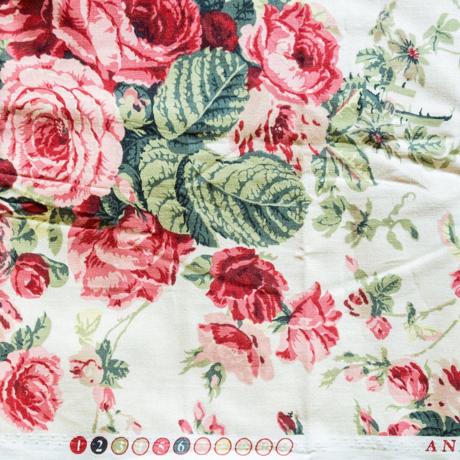 Shabby Chic Floral Fabric Flowers Sage Green Red Pink on Cream