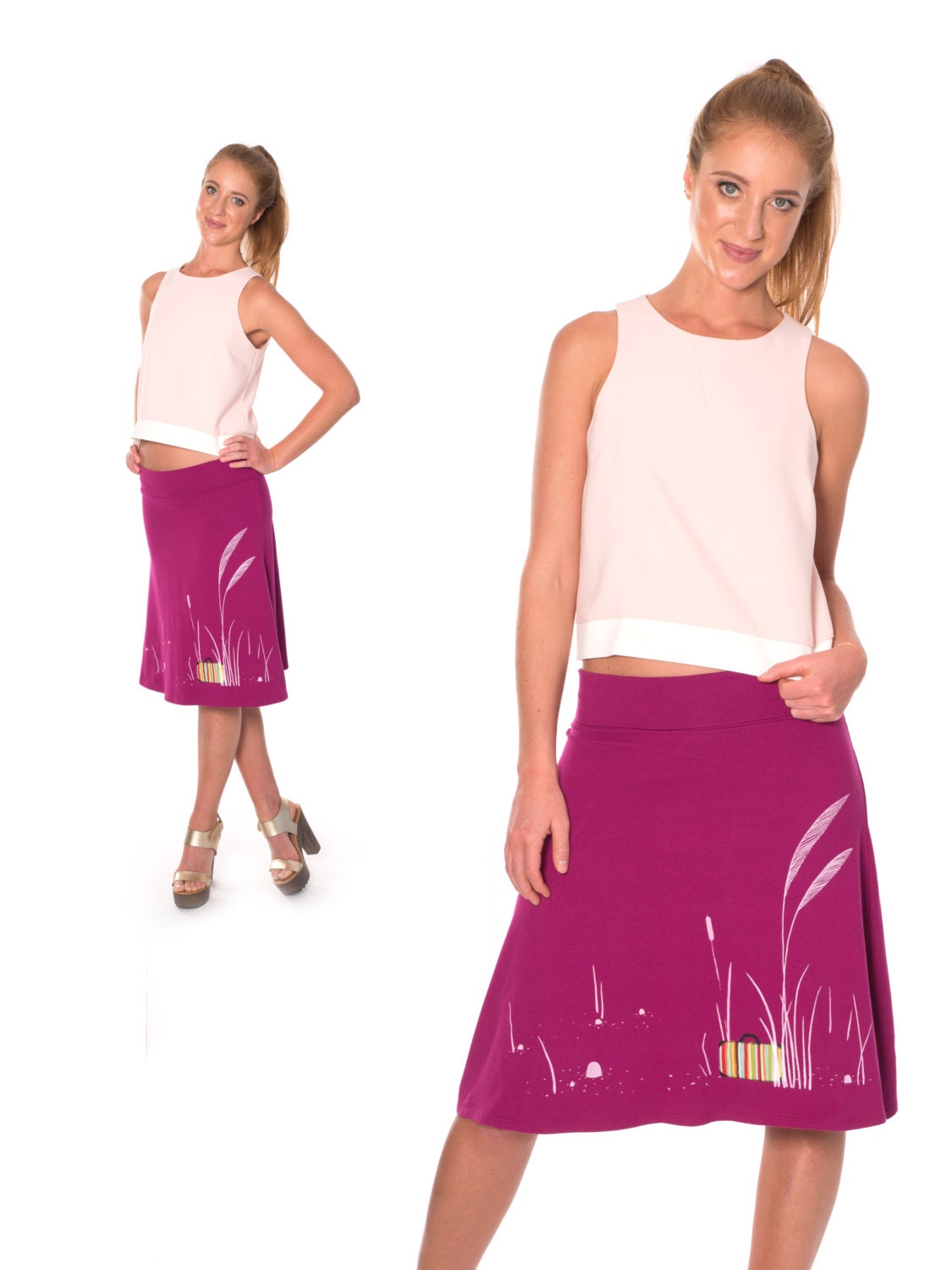 Women Pull On Skirt . Aline Knee Length Skirt . Raspberry
