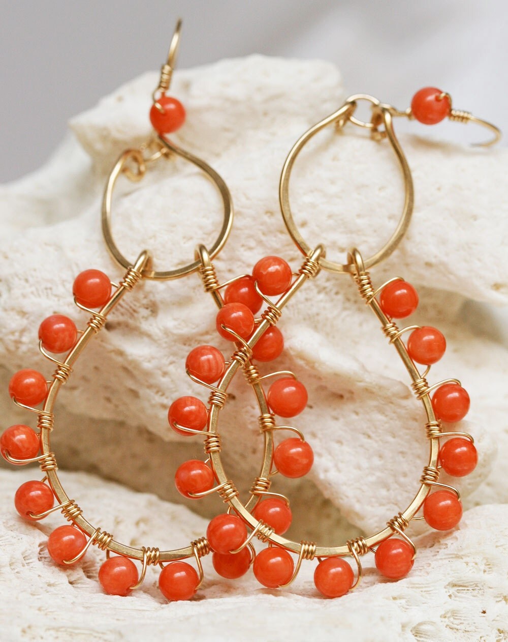 Coral Earrings Gold Hoop Earrings Chandelier Earrings
