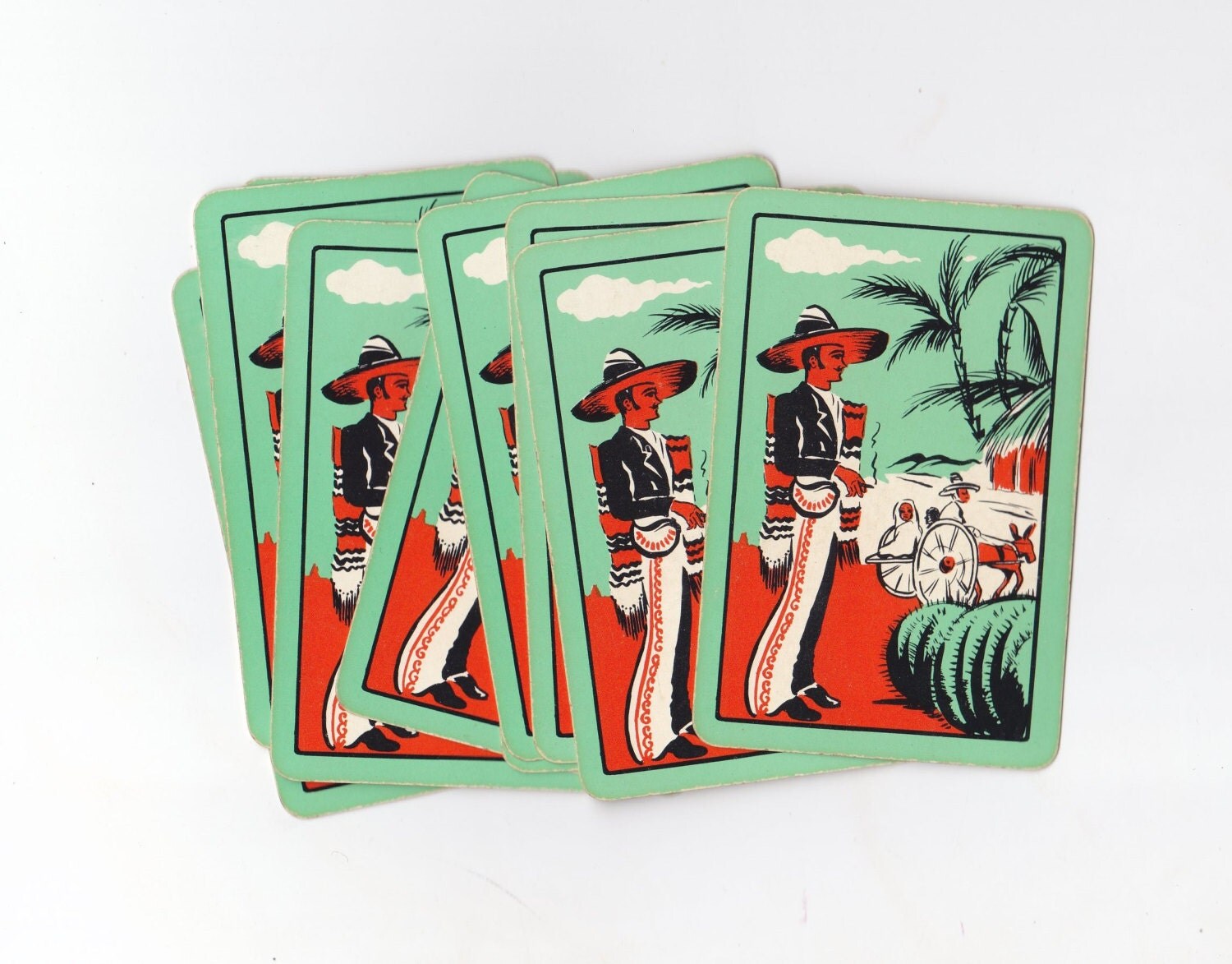 Fun Vintage Mexican Design Mint Green Playing Cards Set Of 10