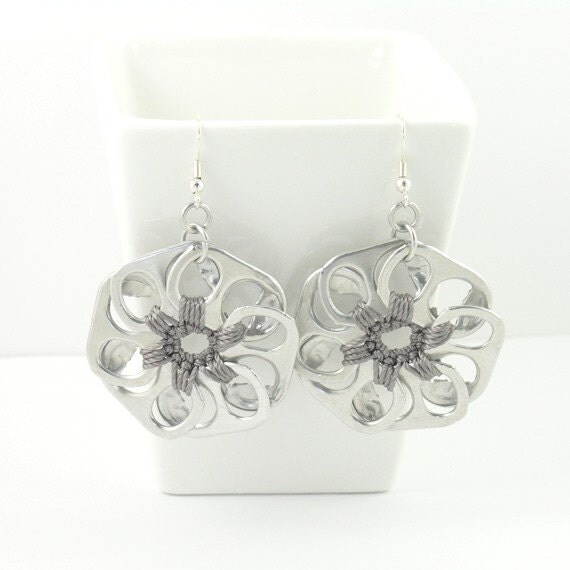 Grey Pop Tab Flower Earrings Pop Tab Earrings Crochet By Ringcat