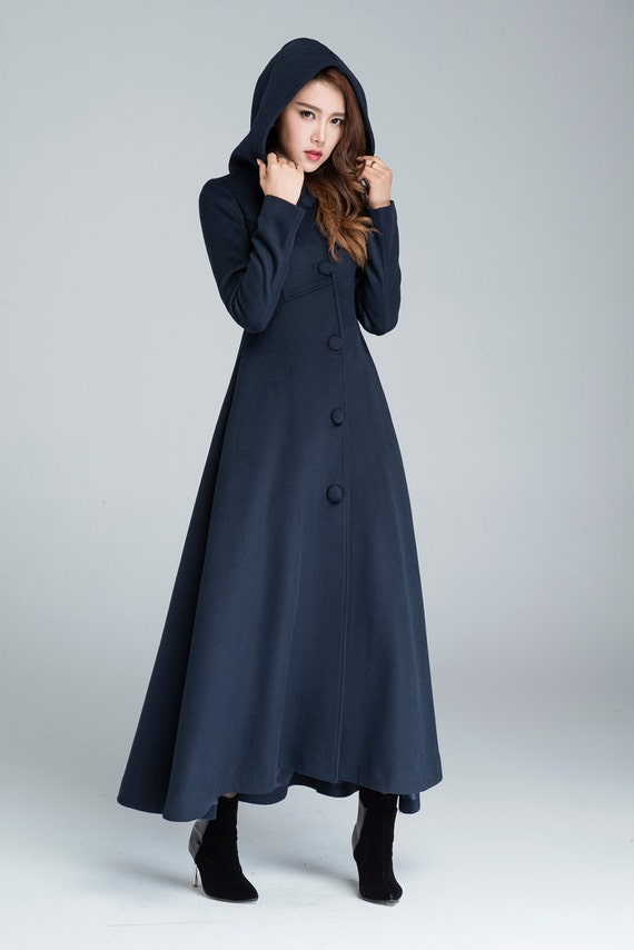 wool coat winter coat maxi coat navy blue warm coat