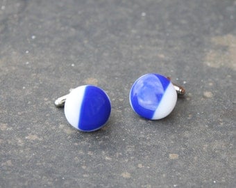 Fused Glass Cuff-links - Blue and White