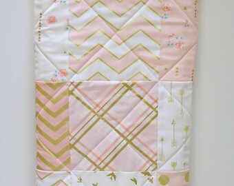 Gold and Pink Baby Quilt-Modern-Coral Brambleberry Fabrics-Gold Shimmer-Chevron and Arrows Patchwork Baby Blanket-Michael Miller Fabrics