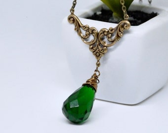 Emerald Green Pendant Necklace, Green Crystal Necklace, Large Teardrop Pendant Necklace, Antique Brass Filigree Necklace, Victorian Style