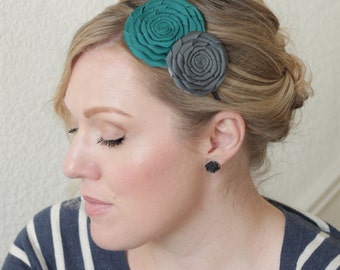 Handmade Flower Headband, Teal Hairband, Gray Headband for Women