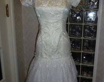 Vintage 80s Lorraine White Lace Dress Portrait Drop Waist Handkerchief Hem Princess S