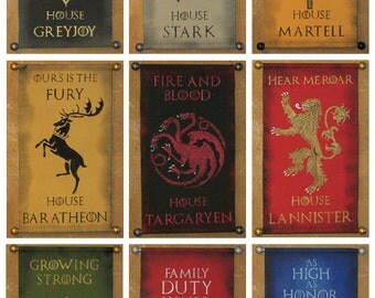 House Name AND Motto - Game of Thrones Nine Banner Bundle - Stark Baratheon Lannister Targaryen Martell Greyjoy Tully Tyrell Arryn