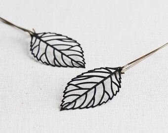 Black Leaf Earrings, Leaf Dangle Earrings on Antiqued Brass Hooks, Black Earrings, Long Dangles, Black Dangle Earrings, Autumn Jewelry