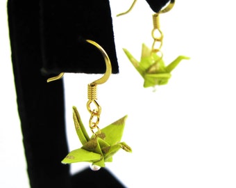 Tiny Origami Crane Earrings Spring Green and Gold 3/4"