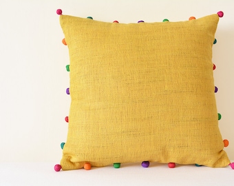 Cute Yellow Jute and Cotton Pillow with Multi colour Pom Poms , Yellow Cushion Cover with Pom Poms , Yellow Decor Pillow , Kids Rooms