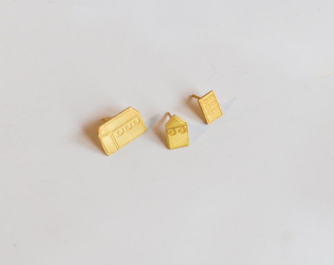 Mix and match Little big town Golden Earrings Architectural Buildings Stud Earrings Gold Plated Minimal countryside Fresh urban design