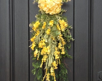 Spring Wreath Summer Wreath Teardrop Vertical Door Swag Decor-Artificial Floral Swag-Yellow Hydrangea-Indoor Outdoor Decor