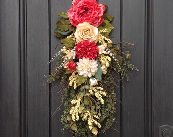 Spring Wreath Summer Wreath Teardrop Door Twig Swag Vertical Decor Pink Floral Swags Cream Swag Year Round Decoration Indoor/Outdoor Swag