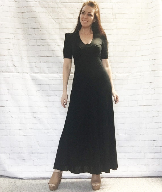 Vintage 60s Black Hostess Maxi Dress S Puff Sleeve Tie Belt