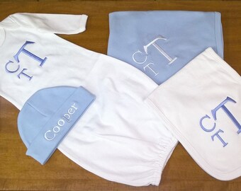 Personalized Gown Cap Burp Cloth Blanket Bring Home Outfit Boy or Girl