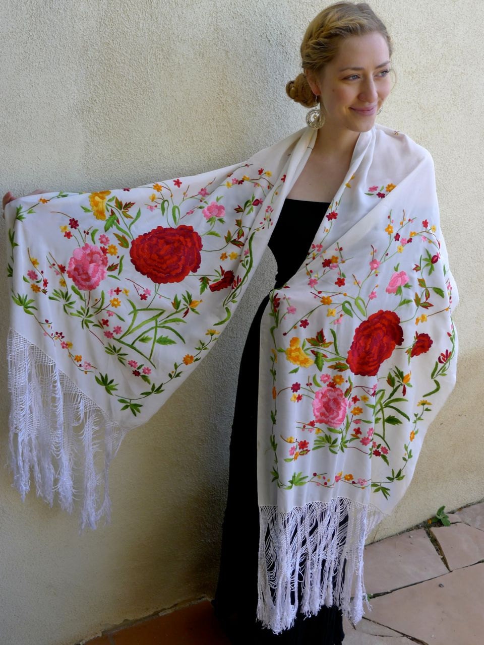 RESERVE Mexican embroidered white silk engagement shawl