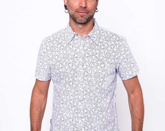 Mens White Button Up Shirt Psychedelic LSD-25 Molecule, All Over Print Short Sleeved Button Down Shirt Mens