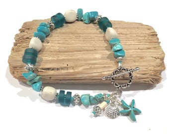 Teal Sea Glass Bracelet, Stone Bracelet, Beach Bracelet, Jewelry Gift, Gifts for Her Under 30, Beach Glass Bracelet, Turquoise Bracelet
