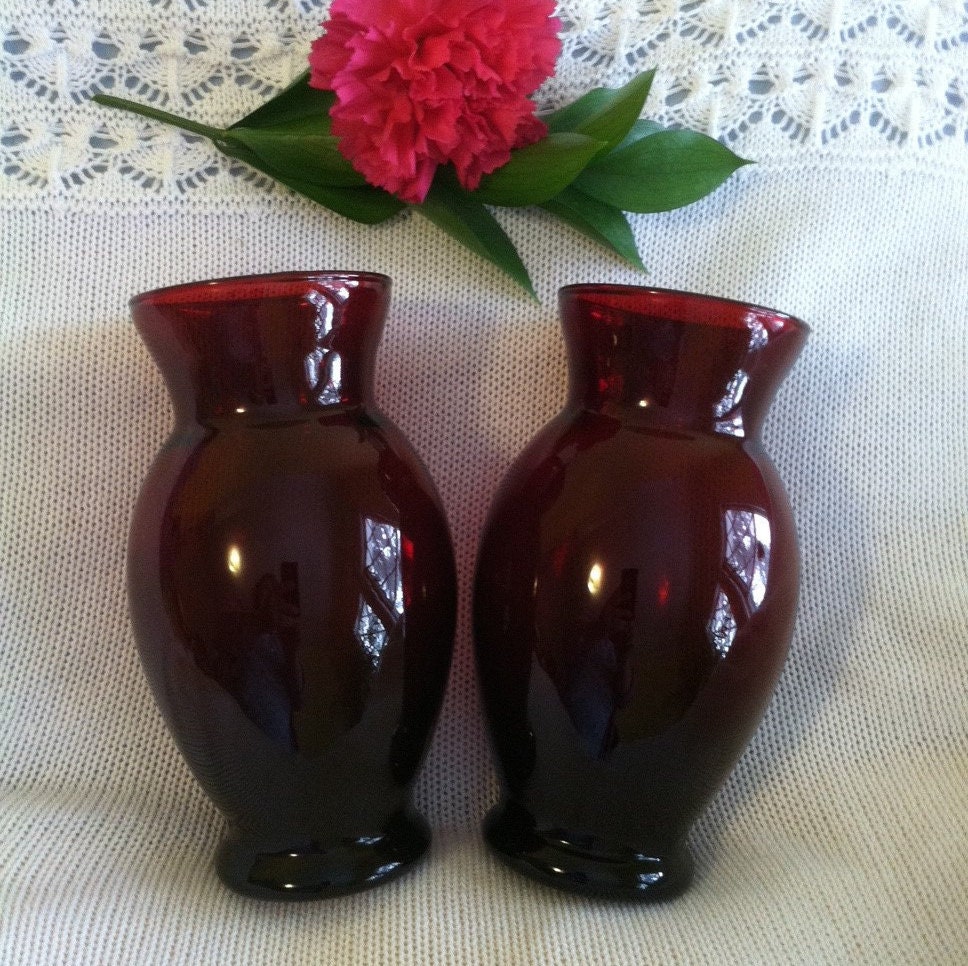 Red Glass Vases Vintage Pair of Cranberry Maroon Dark Ruby Red