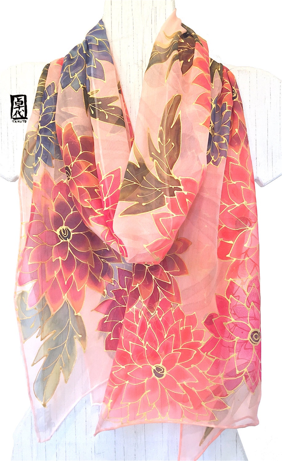 Hand Painted Silk Scarf Japan Scarf Kimono Scarf Handmade