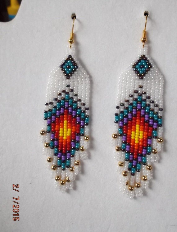 Native American Style Beaded Peacock Eye Earrings Frost Gold