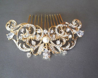 Brides gold hair comb ~ Teardrop rhinestone hair accessories ~ Crystal ~ Hair comb ~ Swarovski pearl ~ Hair Jewelry ~ Wedding accessories