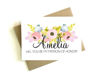Personalized Matron of Honor Card 'Will You Be My Matron of Honor' - Greeting Card, Matron of Honor, Wedding Card, Floral Card, Bridal Party