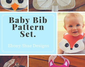 Baby Bib Sewing PATTERN Set. Fox bib, rabbit bib, owl bib and panda bib patterns.