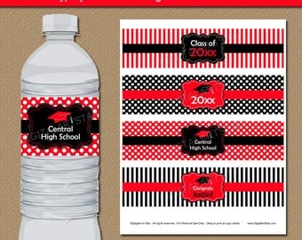 Graduation Water Bottle Labels, High School Graduation Party Decor, College Graduation Party Ideas, Water Bottle Label Template Red Black G4