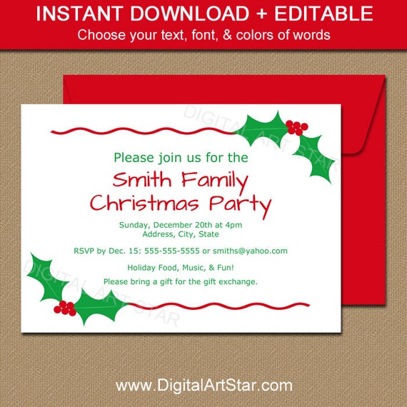 EDITABLE Christmas Party Invitation Christmas by digitalartstar