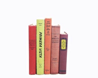 SPANISH Schoolbooks, 1940s Old Decorative Books, Antique Book Collection, Dorm room Decor, Book Decor, y,orange red books