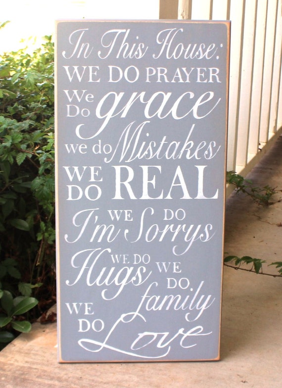 In This House: We do PRAYER, ... We Do family, We Do LOVE - Family Rules- House Rules 12 x 24 - Subway Art - Large Hand painted sign -Gray