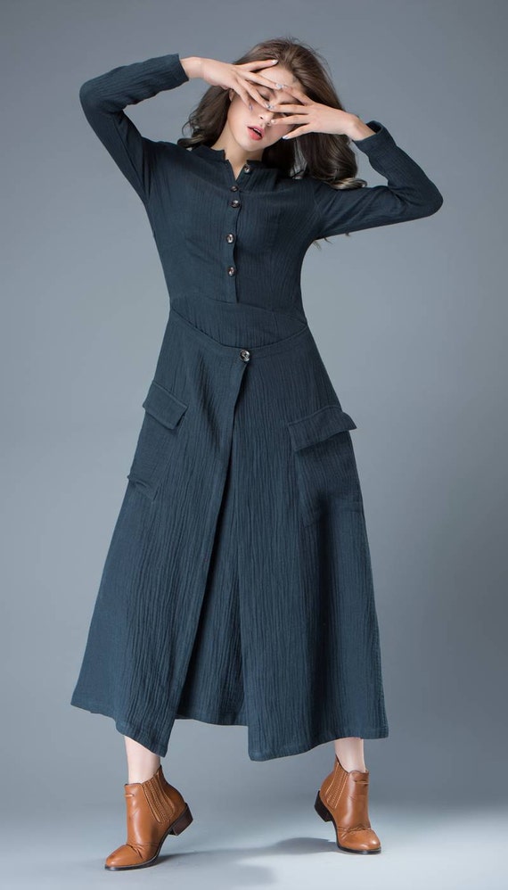 Navy Blue Linen Dress Layered Fit & Flare Long Maxi Length
