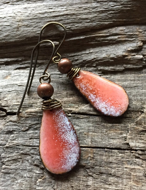 Peach Colored Copper Enamel Earrings by BirchandBlooms on Etsy