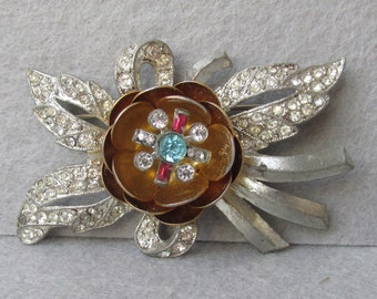 1930's Pot Metal Rhinestone Flower TREMBLER Pin, Vintage Brooch