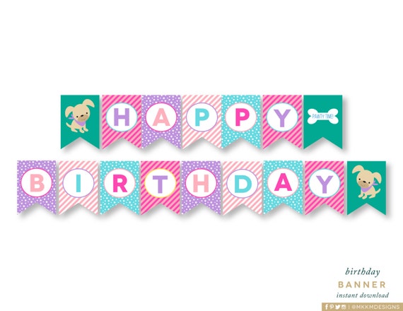 Happy Birthday Banner, Puppy Birthday, Puppy Pawty Banner, Dog Banner, Girls Birthday Decor, Dog Party Decor, INSTANT DOWNLOAD, #48 Il_570xn
