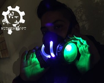 Riddler Villain Inspired Steampunk Respirator / Gas Mask - Purple Fabric, Green LEDs, Illuminated, Lights up, Bright, Cyberpunk Clubwear