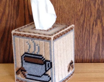 Coffee Tissue Box Cover, plastic canvas, needlepoint item, Kitchen Décor, coffee decor, coffee mug, coffee cup decor, coffee accessories